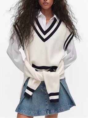 Mango Cream V-Neck Knit Vest with Black Stripes